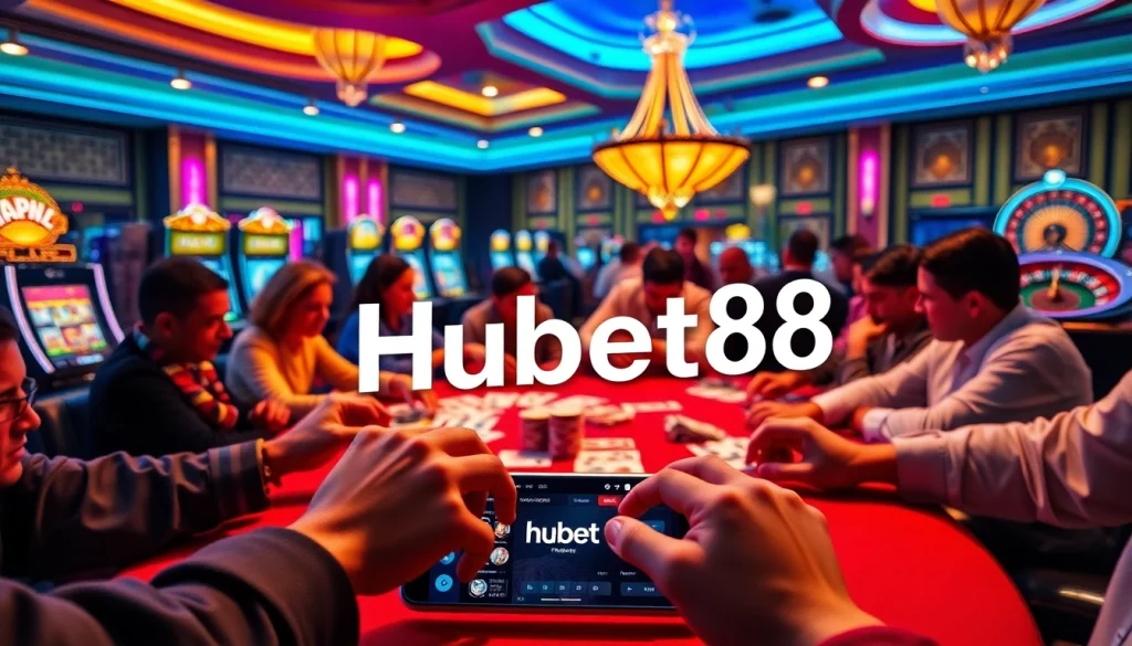 Hubet88 showcases an immersive poker game, highlighting player excitement and strategic card play in a vibrant casino atmosphere.