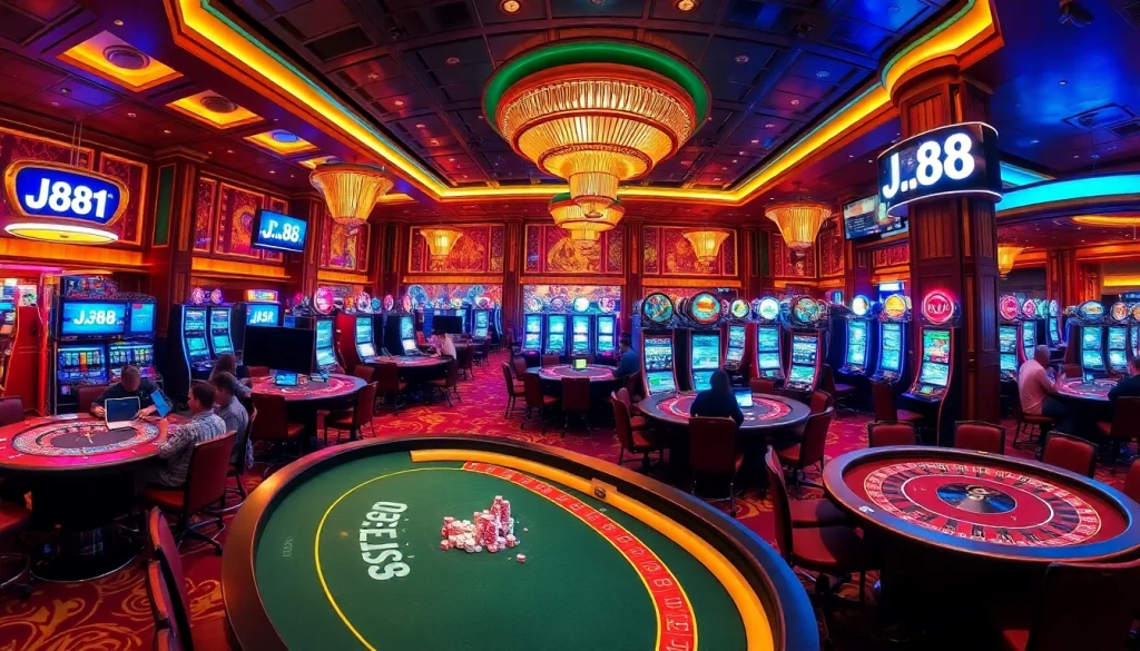 Players enjoying thrilling moments at the casino, engaging with J.88 table games and slot machines.